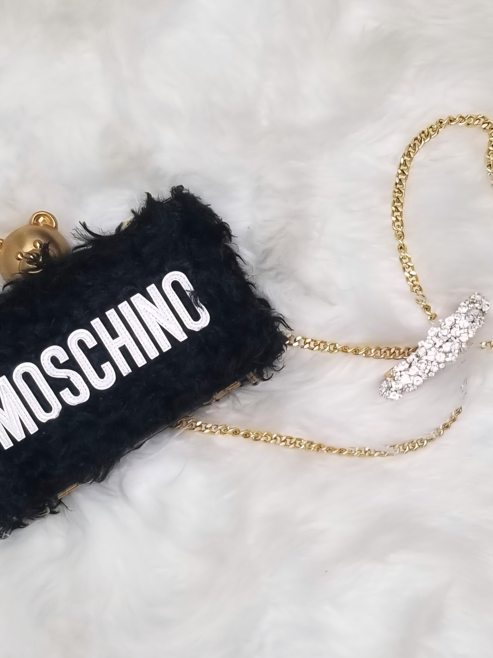 Moschino Black Mohair Mini Bag with White Logo and Gold Chain
